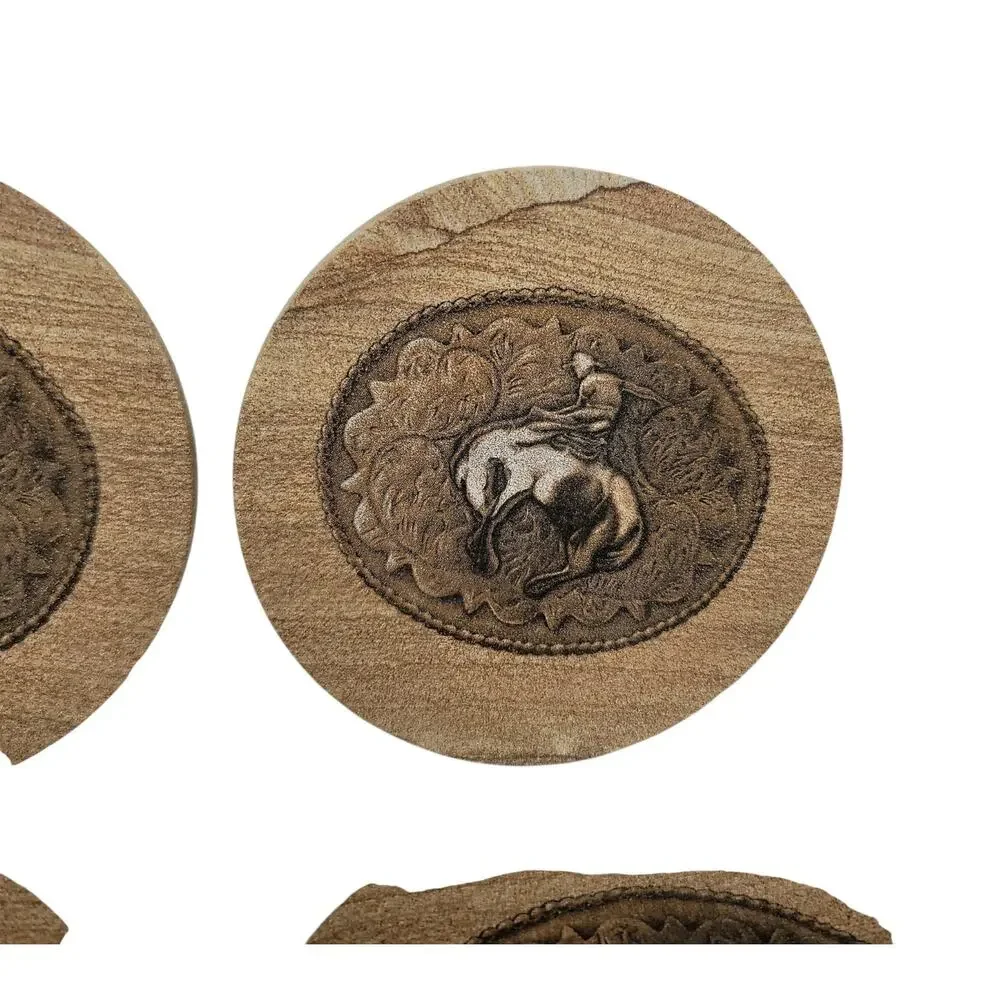 4 Thirstystone Natural Sandstone Coasters Western Bucking Bronco Cowboy 4